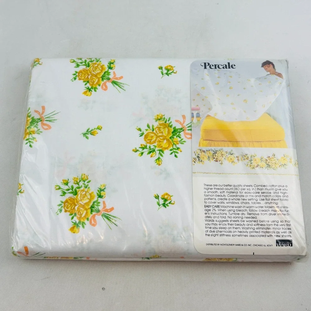 Vtg Montgomery Ward American‎ Beauty Full Sheet Set Sunshine Yellow Floral Roses